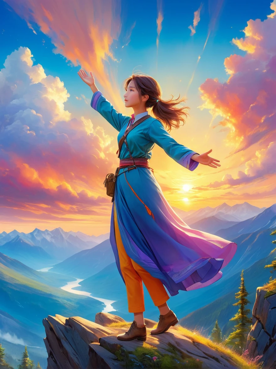 1xknh1, Depicting a transparent sunrise, figure on the top of the mountain,1 girl with open arms,Girls Focus,Demonstrating a sense of achievement,Echoing the magnificence of the natural landscape,The scene is filled with brightness、Vibrant colors,Dawn light creates dramatic shadows,Enhances the grandeur of the environment,The vantage point is similar to the perspective provided by a wide-angle lens,Theme of adventure and exploration,Provides panoramic views of vast wilderness