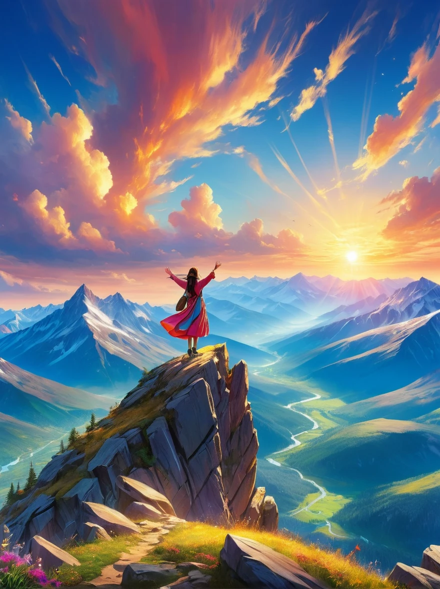 1xknh1, Depicting a transparent sunrise， figure on the top of the mountain，1 girl with open arms，Girls Focus，Demonstrating a sense of achievement，Echoing the magnificence of the natural landscape，The scene is filled with brightness、Vibrant colors，Dawn light creates dramatic shadows，Enhances the grandeur of the environment，The vantage point is similar to the perspective provided by a wide-angle lens，Theme of adventure and exploration，Provides panoramic views of vast wilderness