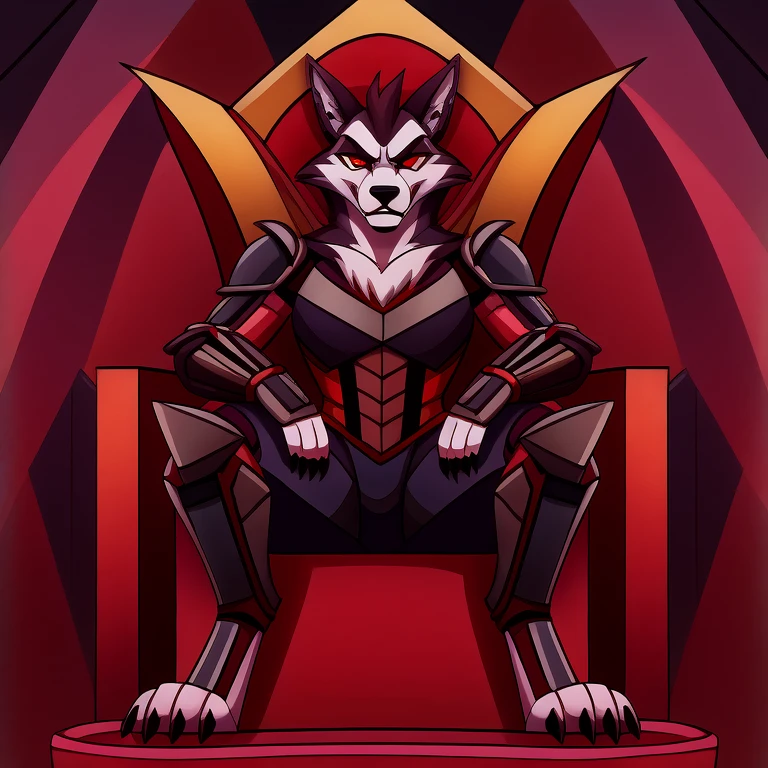 (masterpiece, best quality:1.2),  three-headed canserbero, hellhound, wolf, furry, helluva boss, angry face, with combat armor, sitting in a throne, in futuristic laboartory