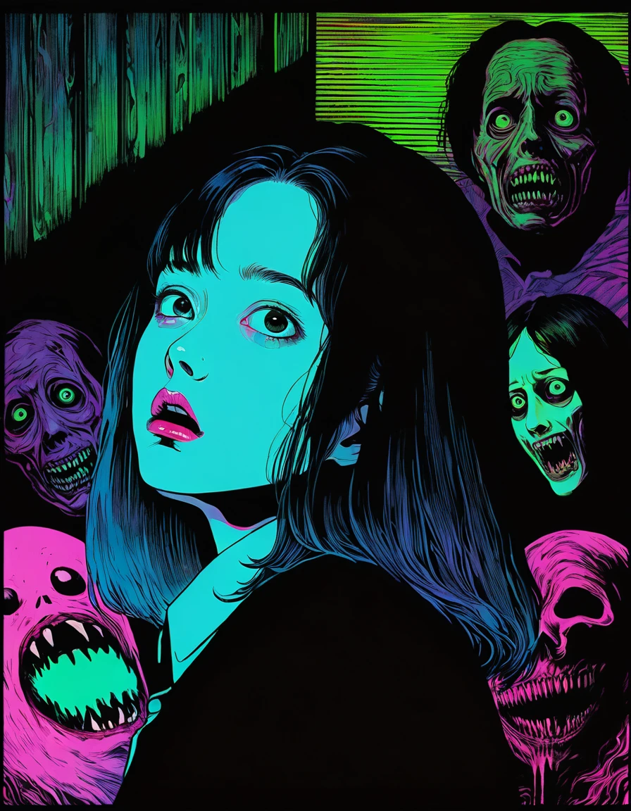 illust、art、from 80s horror movie, directed by Junji Ito、anxietyの立像、nightmare、nightmareの世界、anxiety、high detail, realsitic shadow、Analog style, vhs style, 8mm film, chromatic aberration, Dvd screengrab、Surrealism、Complementary color gradient