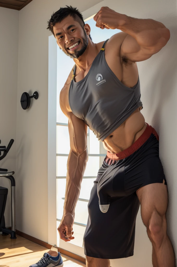 Authentic style,A strong gym teacher walks into the room,Take the barbell,Black barbell,Walking posture,Fitness coach,Grey vest,Looking at the camera,40-year-old Asian man image,Showing canine teeth,Tiger Teeth,Looking at the camera,Slobber,Both hands,beard,Gray clothes,Wet clothes,A kind expression,Kind uncle,A polite greeting,Black short hair,Very short hair,(Fat-encapsulated muscle),Fit and fit,Mermaid line,Loose work shorts,Dirty pants,(There is a huge King Oyster Mushroom in my pants),Leg hair,Thick body hair,Black body hair,Leg hair,cloth shoes,toe,Sexy men,full-body shot,Real person photos,Correct anatomical shape of the limbs,indoor,White Wall,daytime,Full body shot,Bottom-up camera angle,Upward camera angle,Fine skin texture,Soft Light,Low contrast images,Highest quality,4k quality,