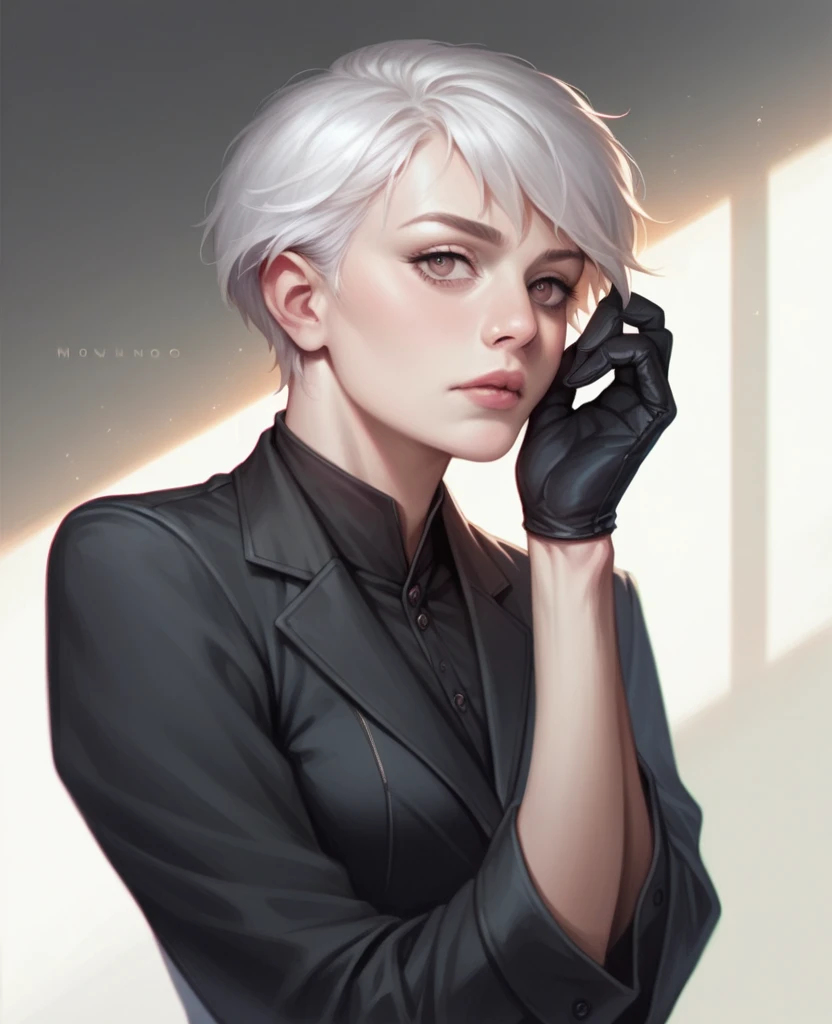 a woman with one arm, short white hair, intense expression, wearing a slim-fit black suit with black gloves, highly detailed, photorealistic, intricate details, masterpiece, dramatic lighting, cinematic, moody atmosphere, chiaroscuro, dark and gritty