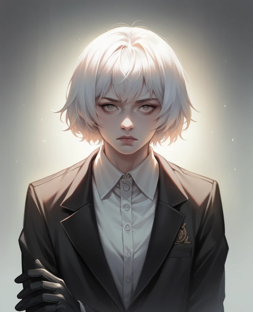 a woman with one arm, short white hair, intense expression, wearing a slim-fit black suit with black gloves, highly detailed, photorealistic, intricate details, masterpiece, dramatic lighting, cinematic, moody atmosphere, chiaroscuro, dark and gritty