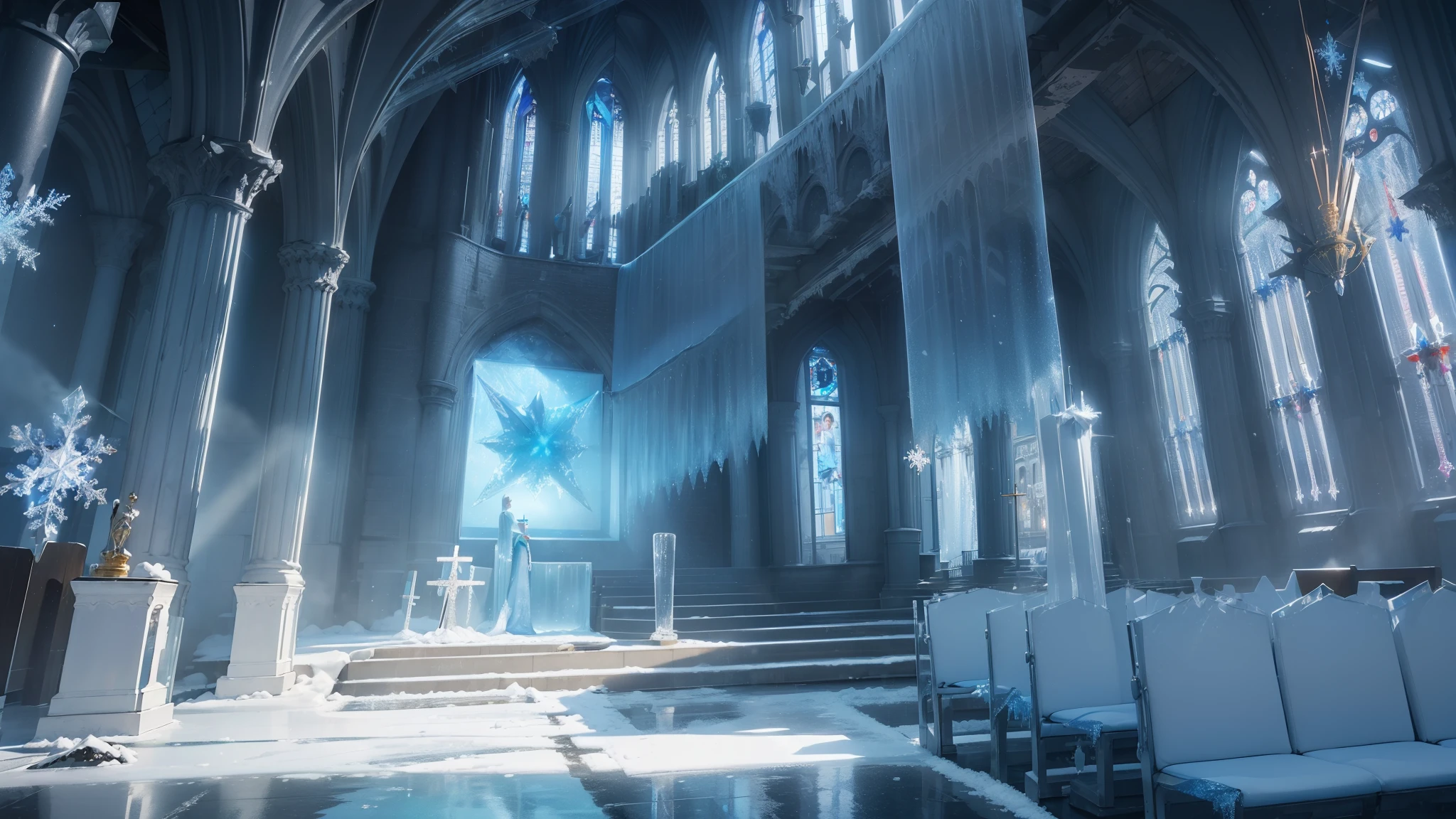 (((Different world interior scene，Frozen Church,Rooftop blue flag)))，（Spiral staircase,Statue of the Goddess），shrine，beauty，Spectacular，majesty，luxurious，Ice cubes，Crystal clear，Glass，transparent，Light，warmth，
