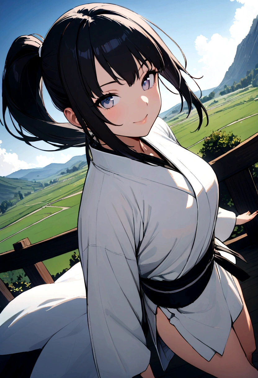 high quality,High resolution,16K,Sharp lines,1 Girl,Female karate player ,Cute face, valley, Beautiful legs,At the karate venue,Focus Girl,Beautiful face in every detail,Detailed clothing,Beautiful Eyes,nice,Dynamic Angle,ponytail,Black Hair