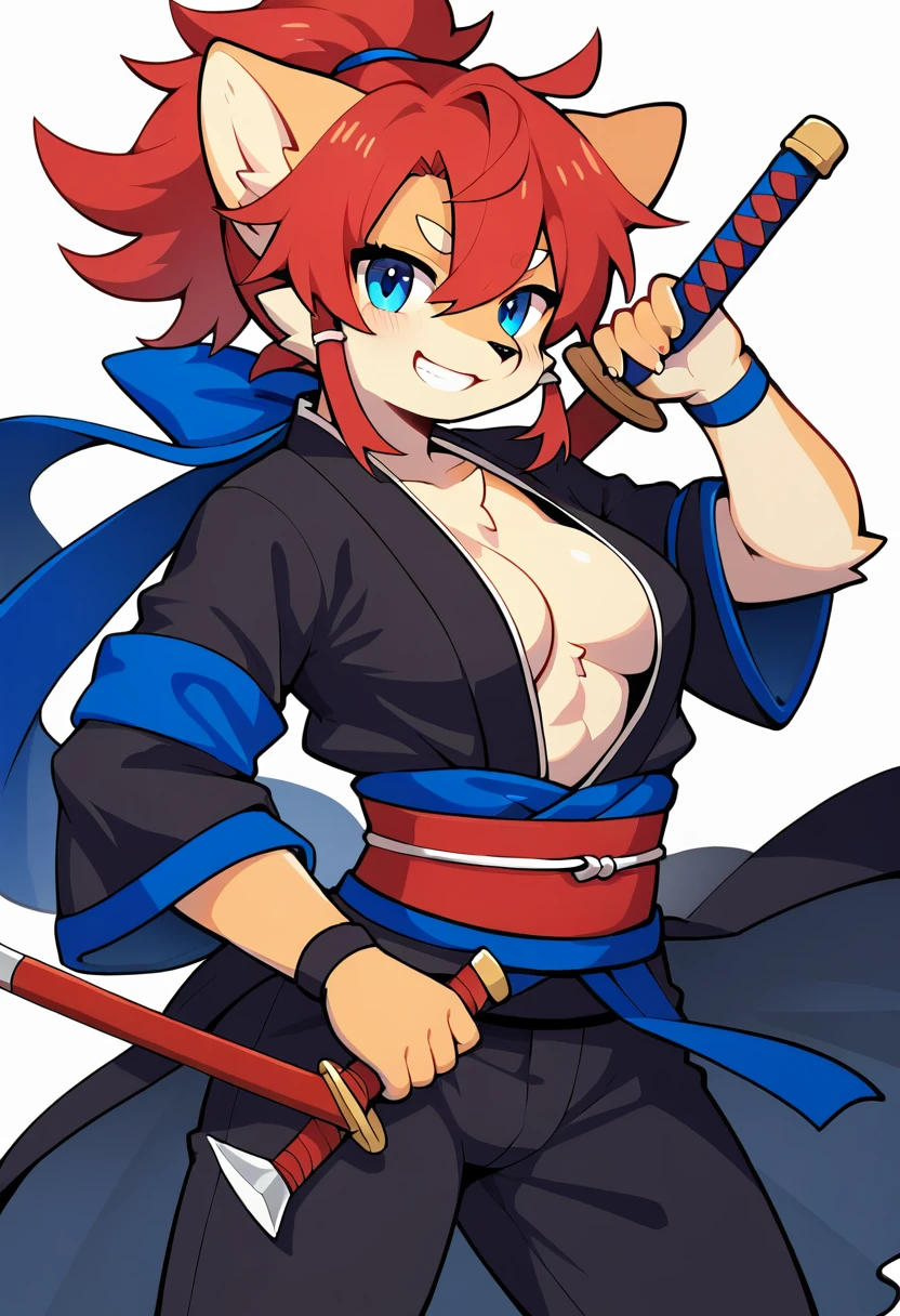 cover page, highres, top quality, best quality, paid reward available, unparalleled masterpiece, perfect artwork, absurdres, High-quality illustrations, super high resolution, detailed background, shuimobysim, perfect anatomy (furry, anthro, kemono, solo focus, Japanese kimono, ninja, samurai, sword with blue flames, battle duels),