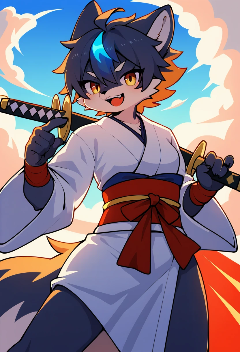 cover page, highres, top quality, best quality, paid reward available, unparalleled masterpiece, perfect artwork, absurdres, High-quality illustrations, super high resolution, detailed background, shuimobysim, perfect anatomy (furry, anthro, kemono, solo focus, Japanese kimono, ninja, samurai, sword with blue flames, battle duels),