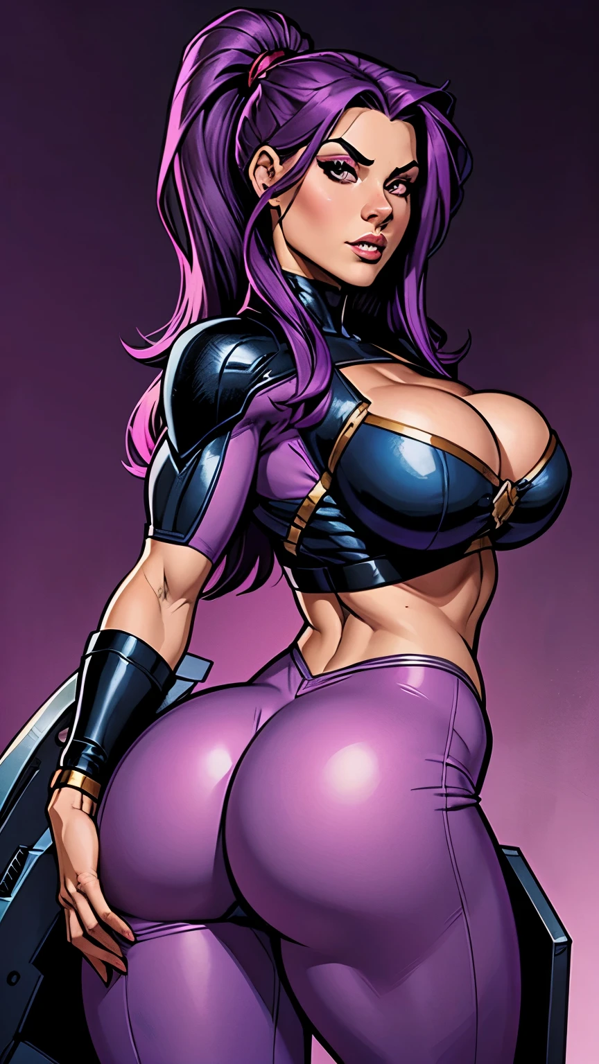 .21 years old woman , long and smooth purple tone hair, bright and expressive black eyes, she opted for a mercenary outfit. Booty, busty. Comic style. Marvel comics