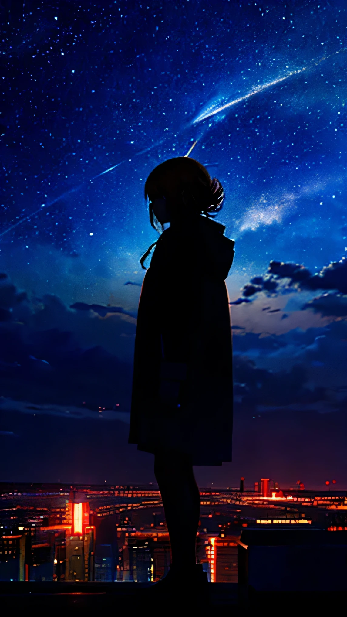 １people々々々々々々々々々々々々々々々々々,Blonde long-haired woman，Hooded parka， Dress Silhouette， Rear View，Space Sky, comet, Anime Style, City night view from the rooftop，A pillar of light stretching into space，