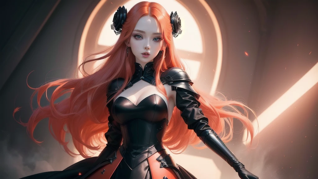 a close up of a woman with red hair wearing a black dress, amouranth, with pale skin, better known as amouranth, young beautiful amouranth, pale fair skin!!, pale glowing skin, pale skin curly blond hair, very very very pale white skin, amouranth as a super villain, smooth pale skin, she has long redorange hair blackpink lisa kpop girl kpop female