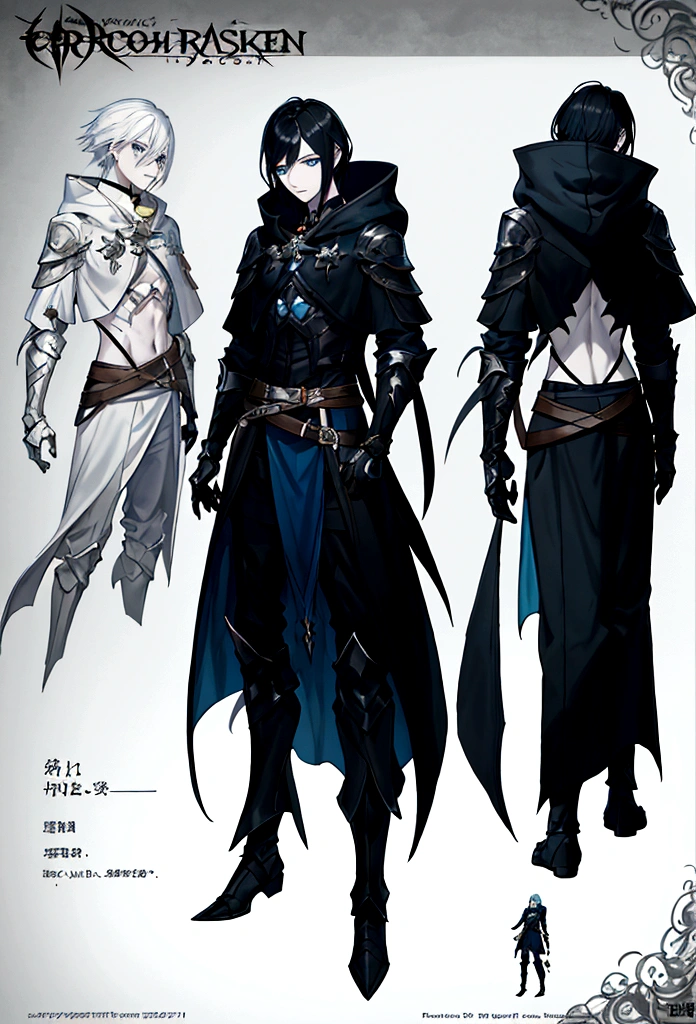 A young male with thin muscular phisque, black hair with blue eyes, hair long, dark outfit, three-dimensional facial features，Clear Eyes，rough skin texture，pale skin, Dark lowered hood n back of jacket, boots on feet，The concept of a modern character, complex character, RPG concept art character, full body concept, Character posing for concept art, RPG character concept art, senior concept artist, Detailed full-body concept, fantasy character design, dark fantasy character design, concept art character, 