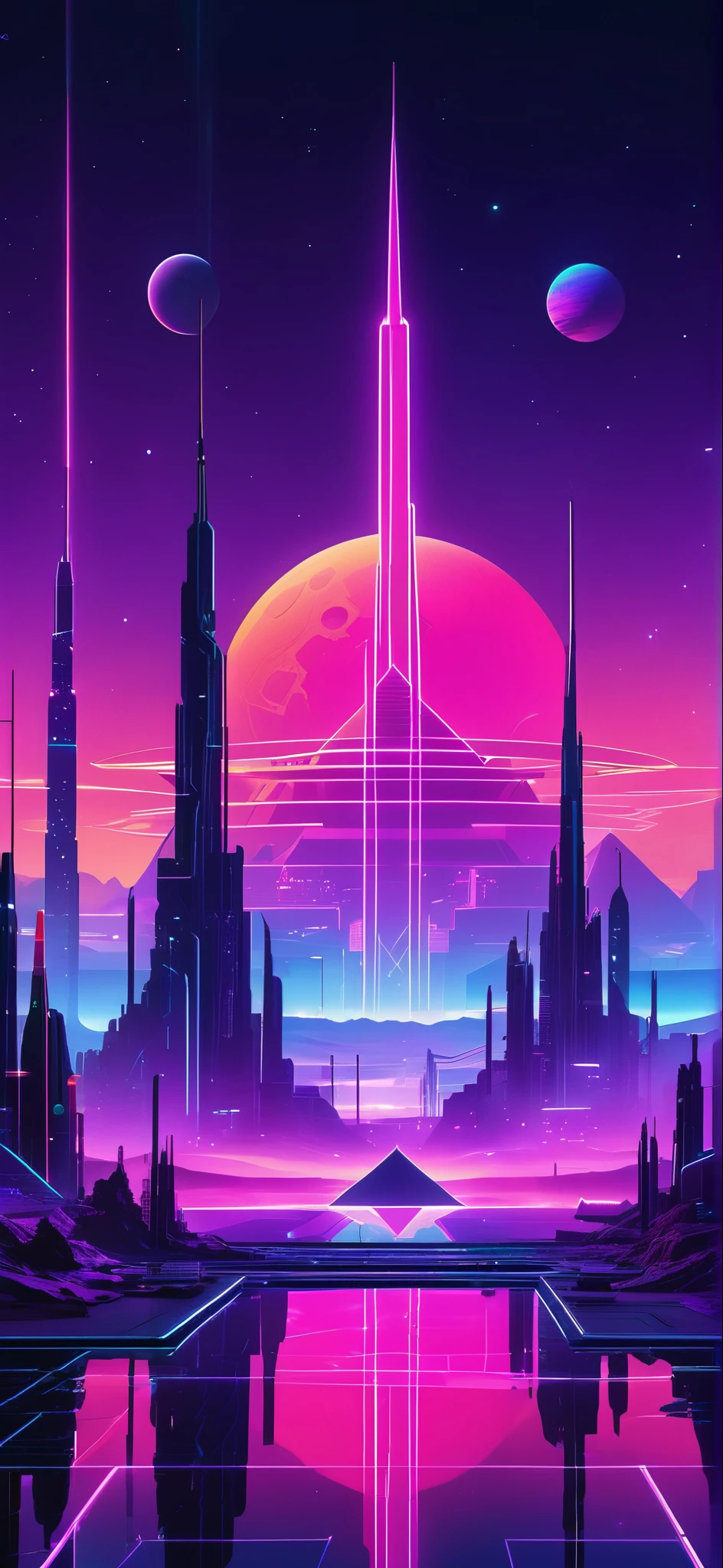 “Create a futuristic, neon-lit landscape with geometric structures and a reflective surface. Include towering spires and pyramids against a vibrant, colorful sky featuring a planet. The scene should have a cyberpunk aesthetic with purple and pink hues, and intricate, glowing patterns.”
