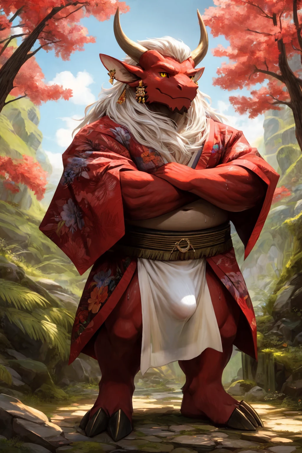 ultra-detailed, masterpiece, masterwork, high quality, best quality, hdr, (nature, japanese style), nsfw, male, solo, chibi, dragon, ((kimono, bulge loincloth, white loincloth)), (little red body minotaur), (white chubby body), (long golden hair, yellow eyes, cool eyes), standing, cross your arms, dynamic angle, earrings, sweat