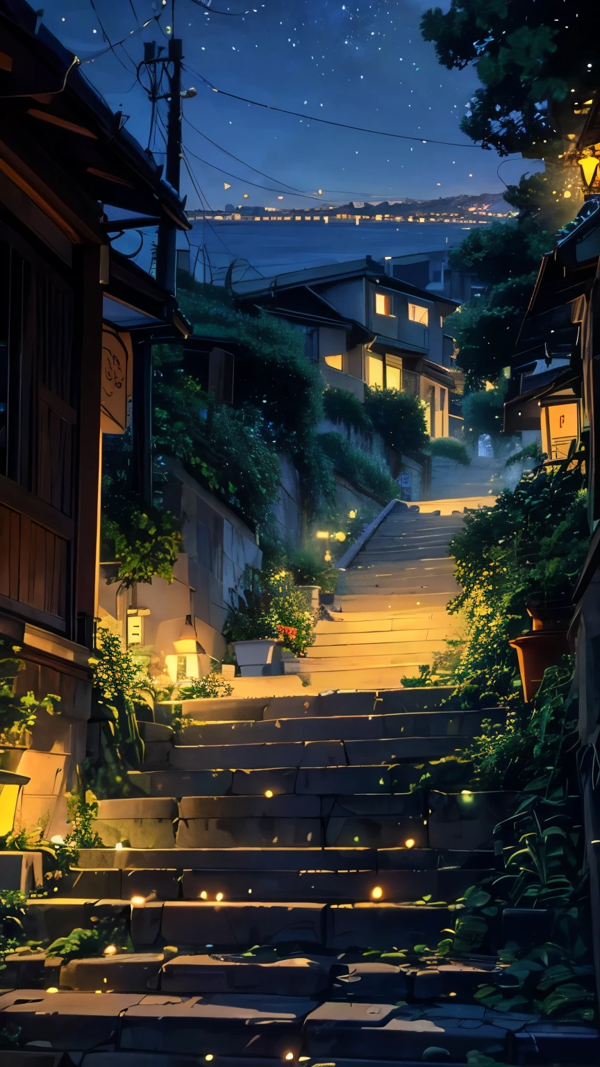 arafed view of a steep hill with a view of the ocean, long winding stairs going down, 400 steps, coming down the stairs, walking down a marble stairwell, from the distance, jenna barton, be running up that hill, humongous view, beautiful view, bay area, san francisco, john baer(fireflies and glowing effect)