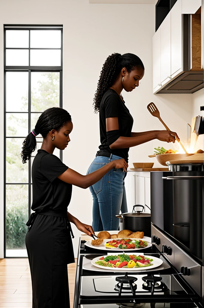 Drawing of a tall black girl cooking