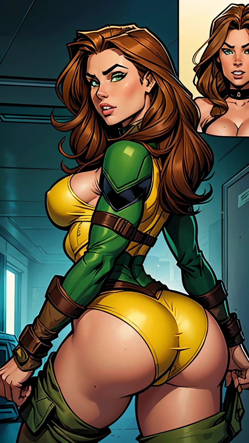 .21 years old woman , long and smooth brown tone hair, bright and expressive green eyes, she opted for a mercenary outfit. Booty, busty. Comic style. Marvel comics