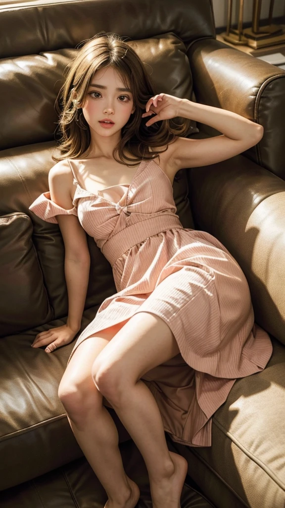 The girl laying on couch and her face is mad but it's cute . Cute dresses, cute style , full body
