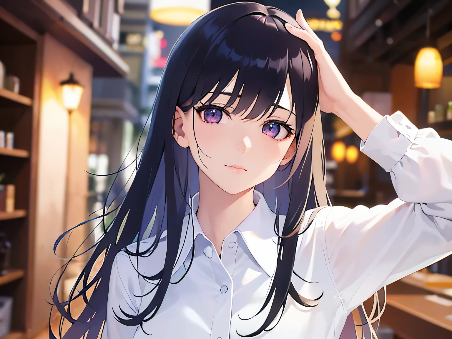 Detailed CG, Ultra-fine illustrations,masterpiece,Highest quality, AW Photos,Realistic,Upper Body,BREAK(White collared shirt:1.5)BREAK,(Pale skin:1.2),Glossy skin, shiny hair,(A 26-year-old woman with straight hair and bangs)and(Medium Hair)and(Black Hair)and(Purple eyes),(light smile),(sad:1.5),The background is a night BAR,alone