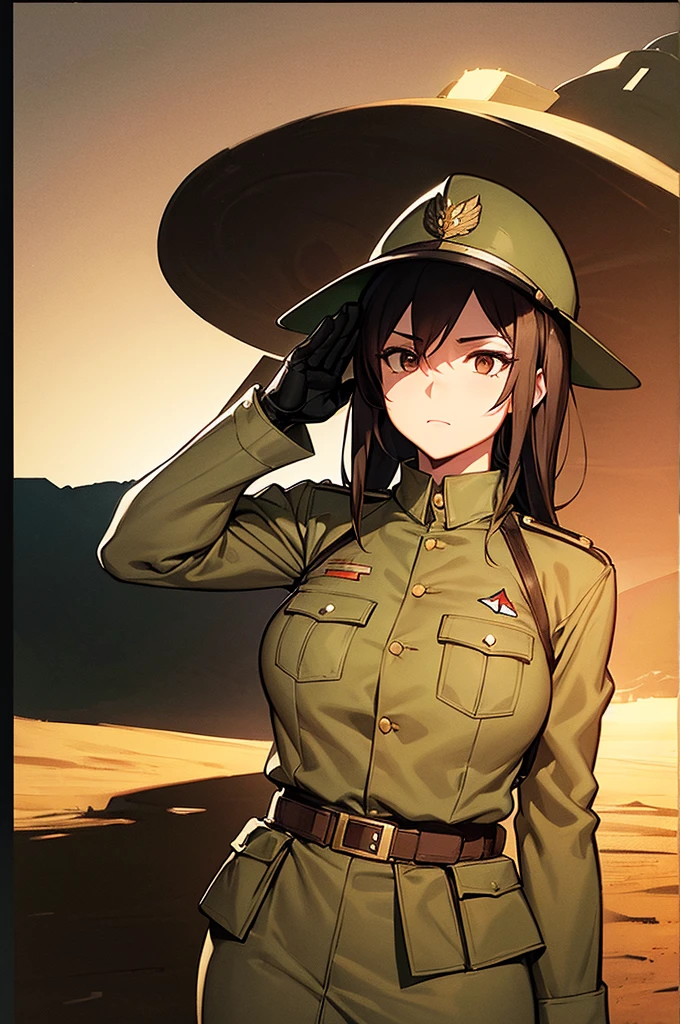 Content:
A black anime woman in a uniform inspired by German WW2 attire, standing in the desert. She has a mature face with long brown hair and brown eyes, exuding confidence and authority. She is depicted as a military general.

Medium:
Concept art, digital illustration.

Style:
Inspired by Yasutomo Oka, Pixiv, Shin Hanga, Fujita Goro, Range Murata, and Artgerm. Incorporating elements from dieselpunk aesthetics and detailed, fine art.

Lighting:
Dramatic, with strong contrasts to highlight her authoritative presence and the intricate details of her uniform. Subtle shadows add depth and realism.

Colours:
A palette dominated by military greens, browns, and desert hues, with subtle highlights to bring out the texture of the uniform and her features. The background features a desert landscape, emphasizing the military theme.

Composition:
A full-body shot, showcasing her mature and confident stance. She stands with a commanding presence, right hand saluting, and left hand behind her back. The desert environment enhances her military aura and the overall composition.