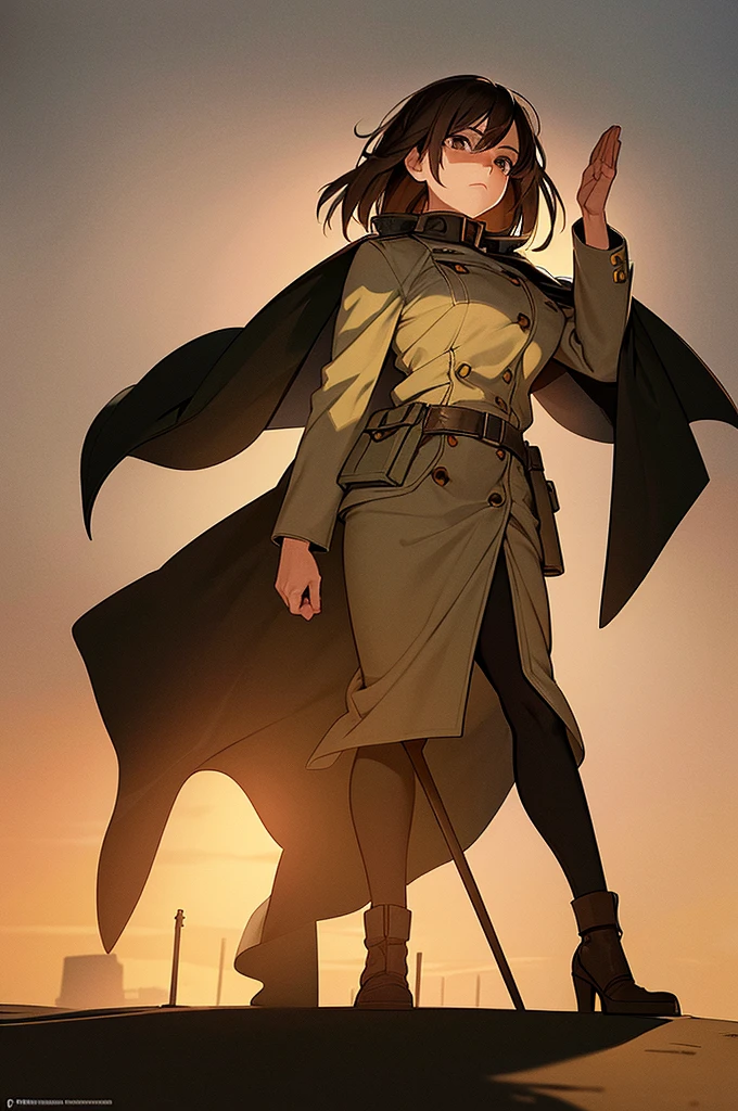 Content:
A black anime woman in a uniform inspired by German WW2 attire, standing in the desert. She has a mature face with long brown hair and brown eyes, exuding confidence and authority. She is depicted as a military general.
Medium:
Concept art, digital illustration.
Style:
Inspired by Yasutomo Oka, Pixiv, Shin Hanga, Fujita Goro, Range Murata, and Artgerm. Incorporating elements from dieselpunk aesthetics and detailed, fine art.
Lighting:
Dramatic, with strong contrasts to highlight her authoritative presence and the intricate details of her uniform. Subtle shadows add depth and realism.
Colours:
A palette dominated by military greens, browns, and desert hues, with subtle highlights to bring out the texture of the uniform and her features. The background features a desert landscape, emphasizing the military theme.
Composition:
A full-body shot, showcasing her mature and confident stance. She stands with a commanding presence, right hand saluting, and left hand behind her back. The desert environment enhances her military aura and the overall composition.