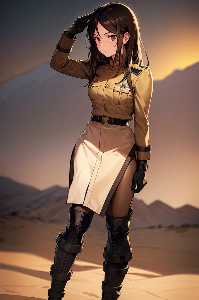 Content:
A black anime woman in a uniform inspired by German WW2 attire, standing in the desert. She has a mature face with long brown hair and brown eyes, exuding confidence and authority. She is depicted as a military general.
Medium:
Concept art, digital illustration.
Style:
Inspired by Yasutomo Oka, Pixiv, Shin Hanga, Fujita Goro, Range Murata, and Artgerm. Incorporating elements from dieselpunk aesthetics and detailed, fine art.
Lighting:
Dramatic, with strong contrasts to highlight her authoritative presence and the intricate details of her uniform. Subtle shadows add depth and realism.
Colours:
A palette dominated by military greens, browns, and desert hues, with subtle highlights to bring out the texture of the uniform and her features. The background features a desert landscape, emphasizing the military theme.
Composition:
A full-body shot, showcasing her mature and confident stance. She stands with a commanding presence, right hand saluting, and left hand behind her back. The desert environment enhances her military aura and the overall composition.