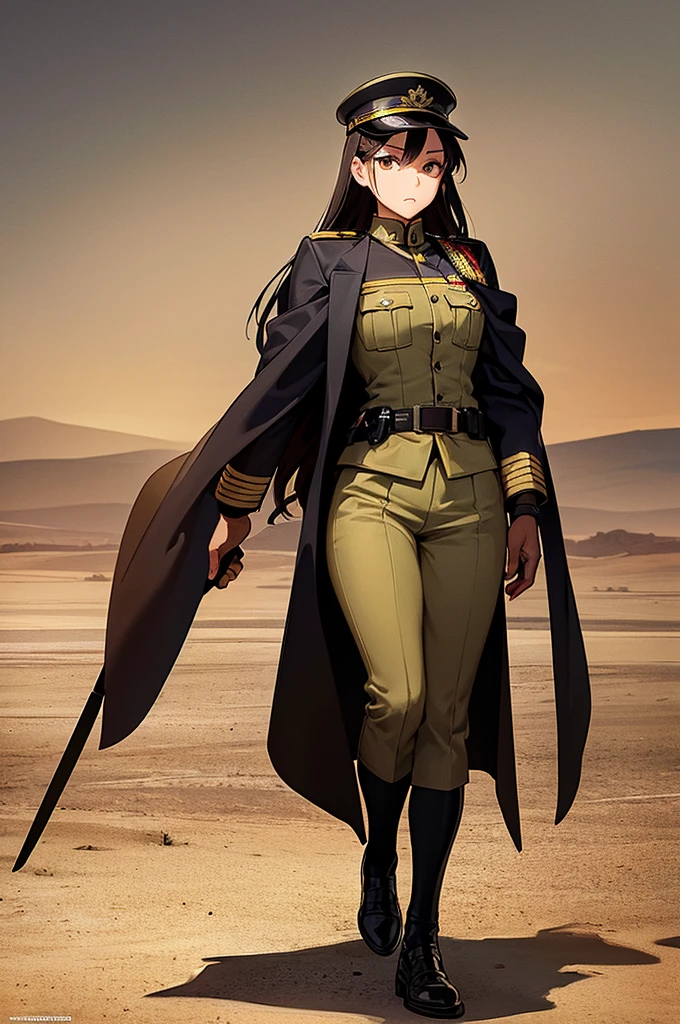 Content:
A black anime woman in a uniform inspired by German WW2 attire, standing in the desert. She has a mature face with long brown hair and brown eyes, exuding confidence and authority. She is depicted as a military general.
Medium:
Concept art, digital illustration.
Style:
Inspired by Yasutomo Oka, Pixiv, Shin Hanga, Fujita Goro, Range Murata, and Artgerm. Incorporating elements from dieselpunk aesthetics and detailed, fine art.
Lighting:
Dramatic, with strong contrasts to highlight her authoritative presence and the intricate details of her uniform. Subtle shadows add depth and realism.
Colours:
A palette dominated by military greens, browns, and desert hues, with subtle highlights to bring out the texture of the uniform and her features. The background features a desert landscape, emphasizing the military theme.
Composition:
A full-body shot, showcasing her mature and confident stance. She stands with a commanding presence, right hand saluting, and left hand behind her back. The desert environment enhances her military aura and the overall composition.