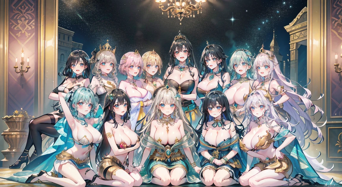 Group of 5 princesses,(6 young women,many young women), (in the bedroom), Various hair styles, harem,(shiny armor, Beautiful crowns and jewelry,crystal filigree jewelry), at night, detailed face, big breasts,Breast curtain, long skirt, mule, Sleeveless , Show your armpits, at night, starry at night,(large areolae:1.4,pink,The nipples are clearly visible....),(Various poses),(no bra), Highest quality、Highest picture quality、Masterpiece