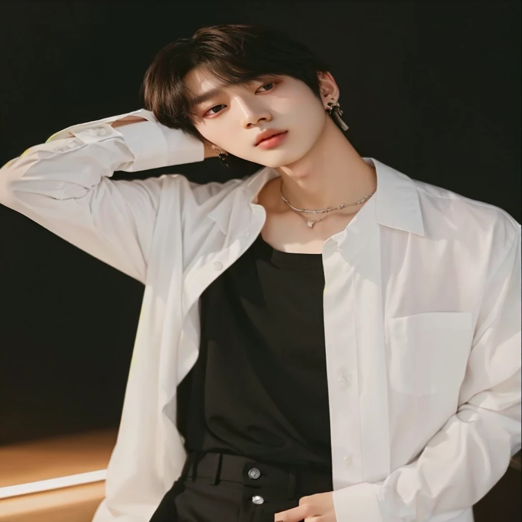 A close-up of a person wearing a white shirt and black pants, cai xukun, kim doyoung, wicked ulzzang, inspired by Bian Shoumin, jinyoung shin, delicate androgynous prince, hyung tae, beautiful androgynous prince, jungkook, Jung Jaehyun, inspired by jeonseok lee, jinyoung shin aesthetic, inspired by Zhang Han