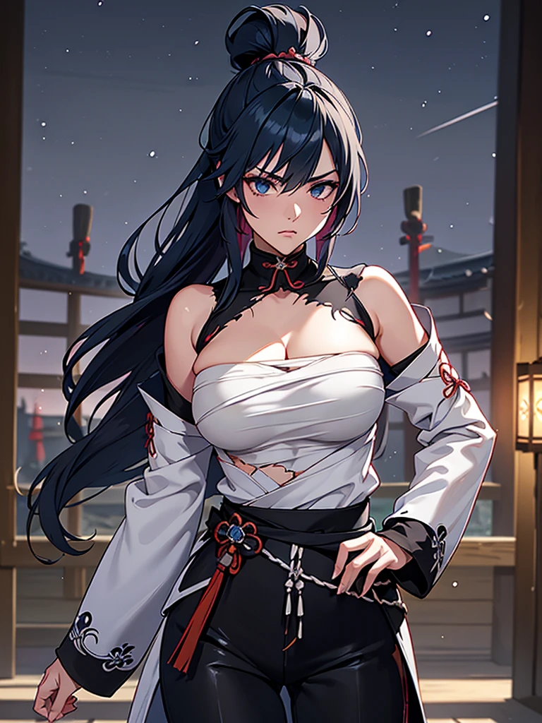 a female samurai, beautiful detailed eyes, beautiful detailed lips, extremely detailed face, long eyelashes,hyper realistic lighting,(super detailed:1.3),((best quality:1.2)),((masterpiece:1.2)),female focus,lonely beauty,(nighttime:1.6),(standing in a medieval europe castletown),cowboy shot,cleavage,((ripped chest sarashi:1.125)),topknot,muted dark blue hair,single sleeve white samurai coat,(black samurai pants:1.3),(angry:1.1),(wearing one sleeve),(ripped sleeve:1.4),(tattered clothing)