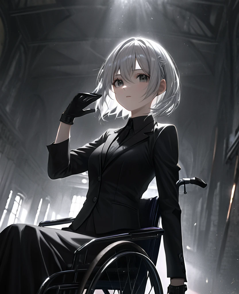 (a woman with one arm,handicapped), short white hair, intense expression, wearing a slim-fit black suit with black gloves, highly detailed, photorealistic, intricate details, masterpiece, dramatic lighting, cinematic, moody atmosphere, chiaroscuro, dark and gritty