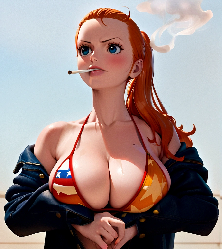 a cartoon picture of a woman in a bikini top and jeans, nami one piece, nami from one piece, nami, beautiful portrait of nami, from one piece, oppai, blue eyes, smoking, ponytail, red yellow star America bikini