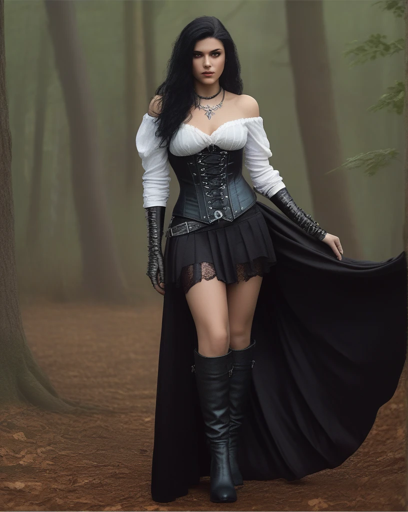 Split Lighting Photography, (ohwx woman:1.0),Yennefer de The Witcher 3: A black corset with a flowy black skirt and black knee-high boots.. The set also includes a silver pendant necklace and silver bracelets on the wrists..,  