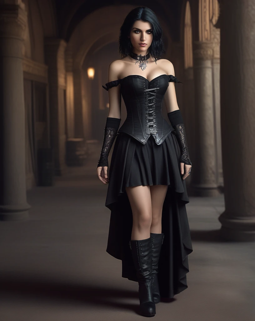 Split Lighting Photography, (ohwx woman:1.0),Yennefer de The Witcher 3: A black corset with a flowy black skirt and black knee-high boots.. The set also includes a silver pendant necklace and silver bracelets on the wrists..,  