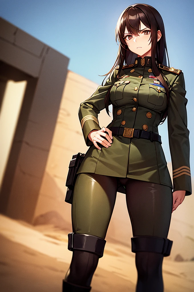 Content:
A black, adult female general with long brown hair and brown eyes. She has a mature face and is wearing a uniform loosely inspired by German military attire. She is saluting the camera with a confident and serious expression, her left hand behind her back.

Medium:
Digital art, anime illustration.

Style:
Pixiv contest winner, fine art, incorporating elements from historical military aesthetics and anime character design to emphasize a confident and mature look. Drawing style references from artists known for their strong, detailed character portrayals like Yoji Shinkawa.

Lighting:
Dramatic, with strong contrasts to highlight her authoritative presence and the details of her uniform. Subtle shadows add depth and realism, emphasizing her serious demeanor.

Colours:
A palette of military greens and browns, with subtle highlights to bring out the texture of the uniform and her facial features. The background is a desert setting, enhancing the military theme.

Composition:
A full-body shot, capturing her mature and confident demeanor. She stands tall and proud, with her right hand raised in a salute and her left hand behind her back. The desert landscape serves as the backdrop, reinforcing her military presence.