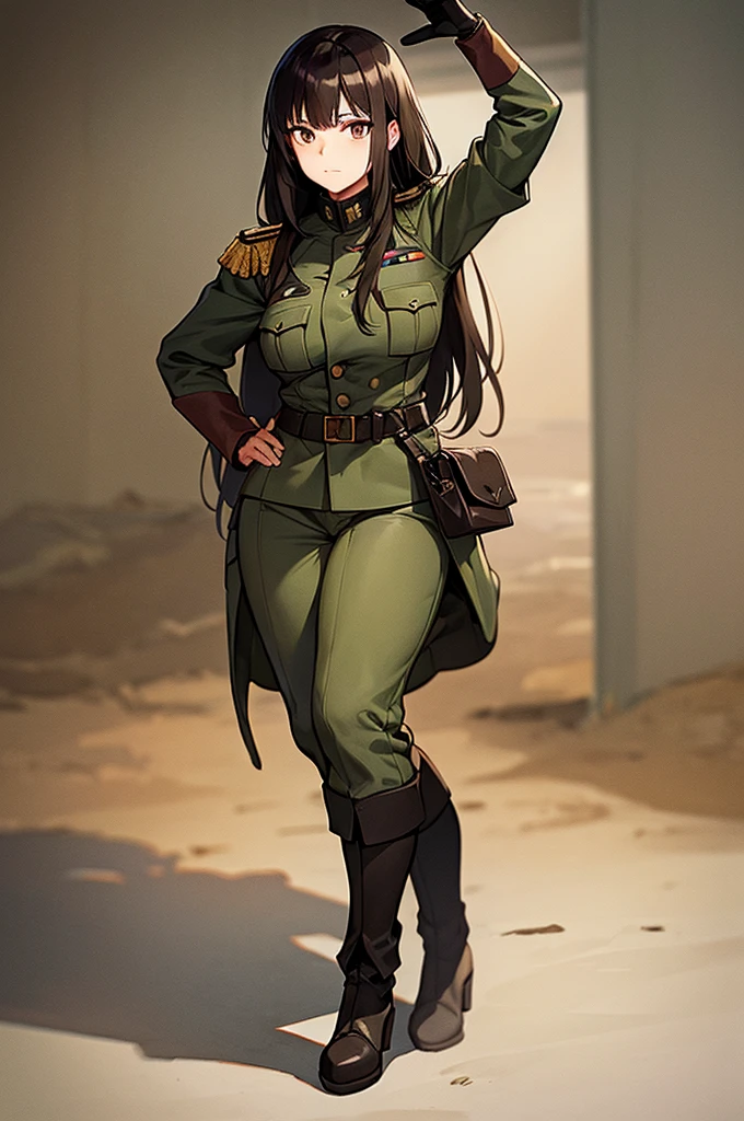 Content:
A black, adult female general with long brown hair and brown eyes. She has a mature face and is wearing a uniform loosely inspired by German military attire. She is saluting the camera with a confident and serious expression, her left hand behind her back.
Medium:
Digital art, anime illustration.
Style:
Pixiv contest winner, fine art, incorporating elements from historical military aesthetics and anime character design to emphasize a confident and mature look. Drawing style references from artists known for their strong, detailed character portrayals like Yoji Shinkawa.
Lighting:
Dramatic, with strong contrasts to highlight her authoritative presence and the details of her uniform. Subtle shadows add depth and realism, emphasizing her serious demeanor.
Colours:
A palette of military greens and browns, with subtle highlights to bring out the texture of the uniform and her facial features. The background is a desert setting, enhancing the military theme.
Composition:
A full-body shot, capturing her mature and confident demeanor. She stands tall and proud, with her right hand raised in a salute and her left hand behind her back. The desert landscape serves as the backdrop, reinforcing her military presence.