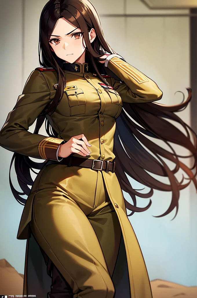 Content:
A black, adult female general with long brown hair and brown eyes. She has a mature face and is wearing a uniform loosely inspired by German military attire. She is saluting the camera with a confident and serious expression, her left hand behind her back.
Medium:
Digital art, anime illustration.
Style:
Pixiv contest winner, fine art, incorporating elements from historical military aesthetics and anime character design to emphasize a confident and mature look. Drawing style references from artists known for their strong, detailed character portrayals like Yoji Shinkawa.
Lighting:
Dramatic, with strong contrasts to highlight her authoritative presence and the details of her uniform. Subtle shadows add depth and realism, emphasizing her serious demeanor.
Colours:
A palette of military greens and browns, with subtle highlights to bring out the texture of the uniform and her facial features. The background is a desert setting, enhancing the military theme.
Composition:
A full-body shot, capturing her mature and confident demeanor. She stands tall and proud, with her right hand raised in a salute and her left hand behind her back. The desert landscape serves as the backdrop, reinforcing her military presence.