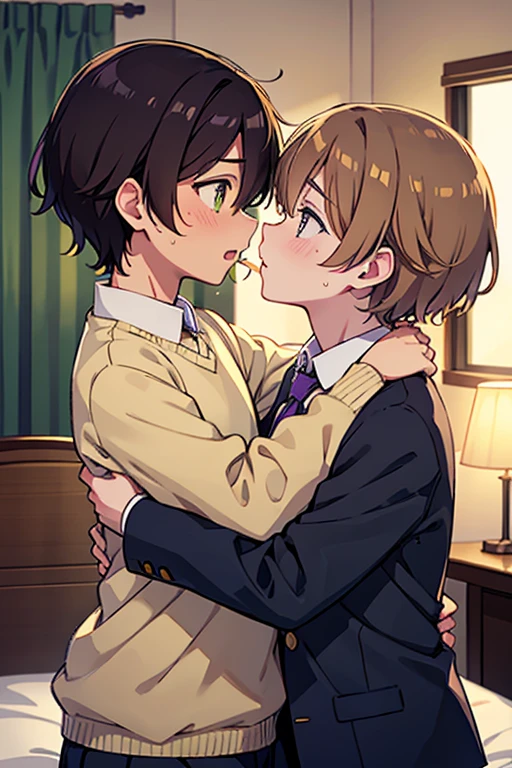 Two gay boys kissing, Shoulders and neck, Sweatをかいた, hot, hug, Sexy,  Stayed, bedroom, bed, in bed, Dark Room, lamp, Lie, Face to face,NSFW, Sweat,Brown Hair,Tree Eyes,Brown eyes,Social People,Transparent shirt,suit,Fan,Yellow-green eyes,Purple Hair,Drooping eyes,high school student,uniform,Hotel room,4K,Highest quality