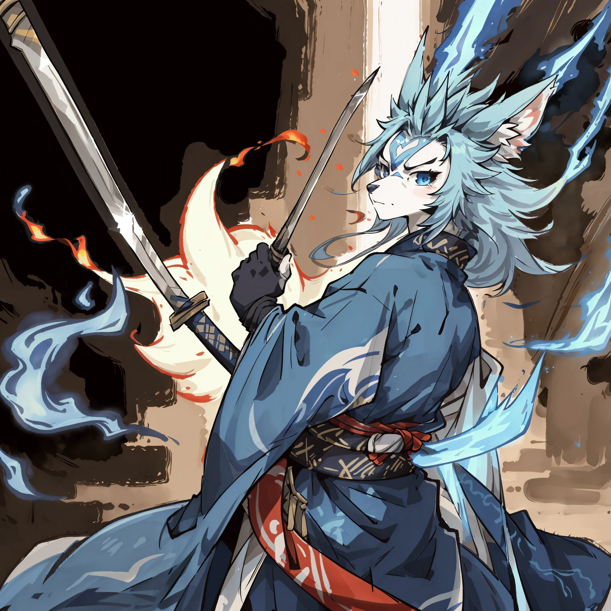 cover page, highres, top quality, best quality, paid reward available, unparalleled masterpiece, perfect artwork, absurdres, High-quality illustrations, super high resolution, detailed background, shuimobysim, perfect anatomy (furry, anthro, kemono, solo focus, Japanese kimono, ninja, samurai, sword with blue flames, battle duels),
