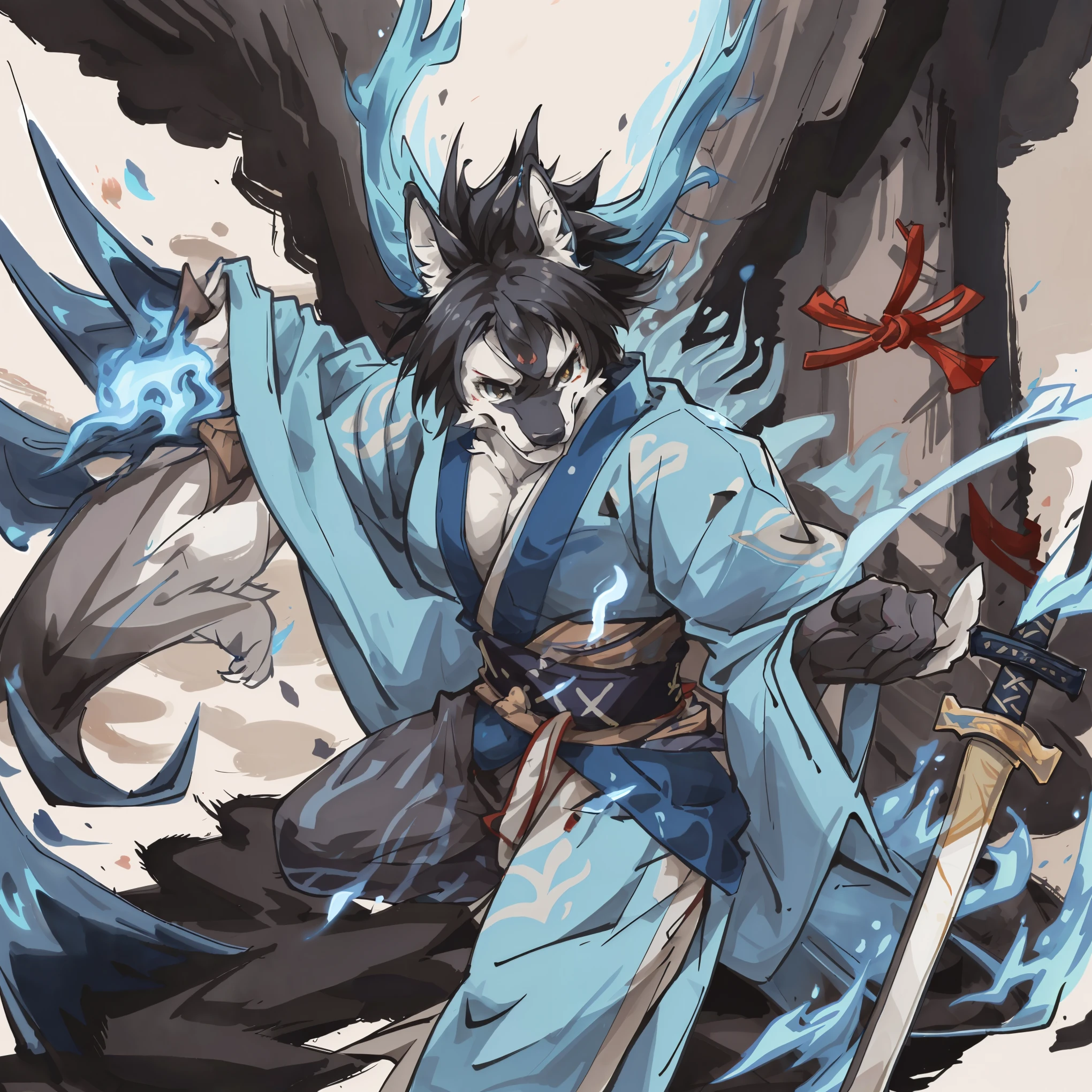 cover page, highres, top quality, best quality, paid reward available, unparalleled masterpiece, perfect artwork, absurdres, High-quality illustrations, super high resolution, detailed background, shuimobysim, perfect anatomy (furry, anthro, kemono, solo focus, Japanese kimono, ninja, samurai, sword with blue flames, battle duels),