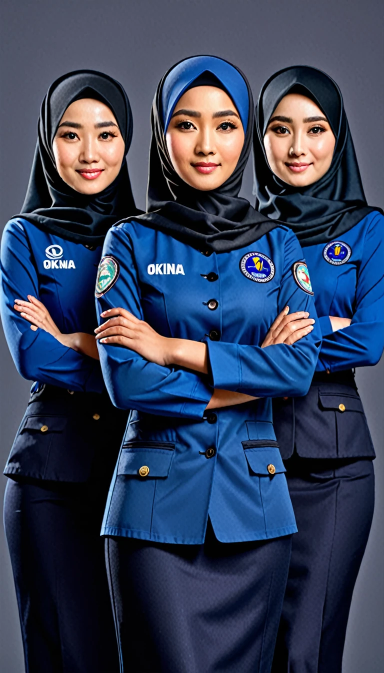 Create a 3D cartoon style image featuring three people in black uniforms. The background should be a dramatic dark blue with abstract lighting. The individual on the left is a woman named Okina Toothpick, standing with her arms at her sides, wearing a blue uniform and a dark blue hijab labeled "Divisi PENGEMBANGAN". The individual in the middle is a woman named Zazuke, standing with her arms crossed, wearing a blue uniform and a dark blue hijab labeled "Divisi KEUANGAN". The individual on the right is a woman named Mazako Tus Makan, standing with her hands at her sides, wearing a blue uniform and a dark blue hijab labeled "Divisi PENGHANCUR". At the top of the image, create a logo with the words "PRO AI Presents Three Super Women". (masterpiece), (best quality, highly detailed skin and face), ultra-realistic, hd, sharp focus.