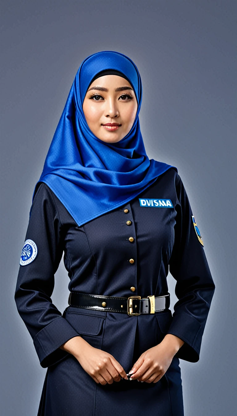 Create a 3D cartoon style image featuring three people in black uniforms. The background should be a dramatic dark blue with abstract lighting. The individual on the left is a woman named Okina Toothpick, standing with her arms at her sides, wearing a blue uniform and a dark blue hijab labeled "Divisi PENGEMBANGAN". The individual in the middle is a woman named Zazuke, standing with her arms crossed, wearing a blue uniform and a dark blue hijab labeled "Divisi KEUANGAN". The individual on the right is a woman named Mazako Tus Makan, standing with her hands at her sides, wearing a blue uniform and a dark blue hijab labeled "Divisi PENGHANCUR". At the top of the image, create a logo with the words "PRO AI Presents Three Super Women". (masterpiece), (best quality, highly detailed skin and face), ultra-realistic, hd, sharp focus.