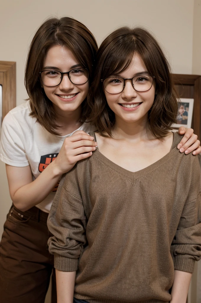 Give me an anime version image of a girl with short white and brown hair, with glasses and smiling and a boy with dark brown hair not so tall and smiling 