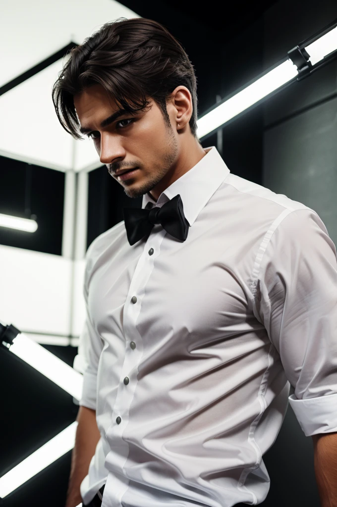A man holding a pen wear a white shirt with black tie background like studio lights on night had left green light at left and a red light at right 