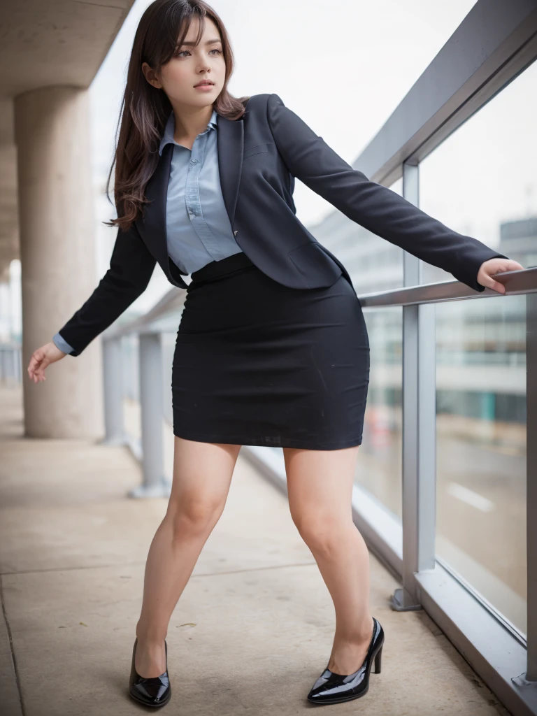 (masutepiece,High quality,16k:1.1),(depth of fields:1.3) ,((front body:1.35)),German ,Woman, ((business suit, pencil skirt)), tights,huge breasts, voluptuous, thicc, curvy,(Looking at Viewer:1.3),(full body shot:1.2),(Beautiful Morning view of town:1.2),