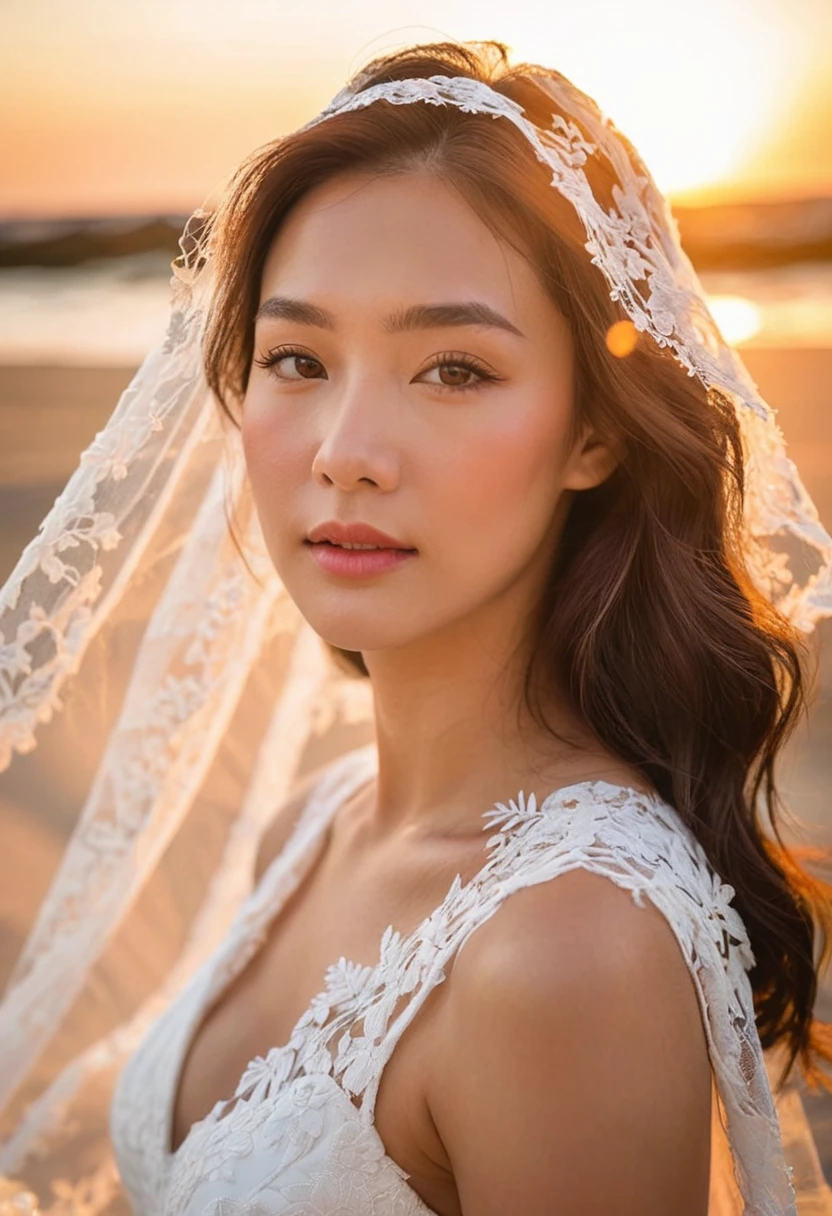 A close-up shot of a MagMix Girl's face, framed by a white lace veil attached to a flowing white dress. The warm light of the setting sun reflects in her eyes, filled with a mixture of joy and anticipation. The photo hints at a special occasion, perhaps a wedding vow renewal on the beach