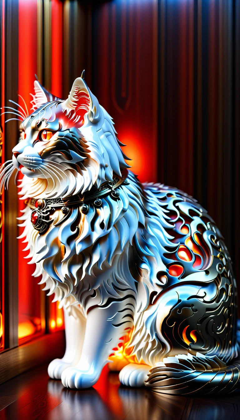 There is no one, realistic photo, realism, siberian (Siberian)) cat, future oriented, metal decoration, Shining red light inside, hollow interior, Polish, ray tracing, perfect composition, intricate details, Very sharp, masterpiece, profile, high resolution