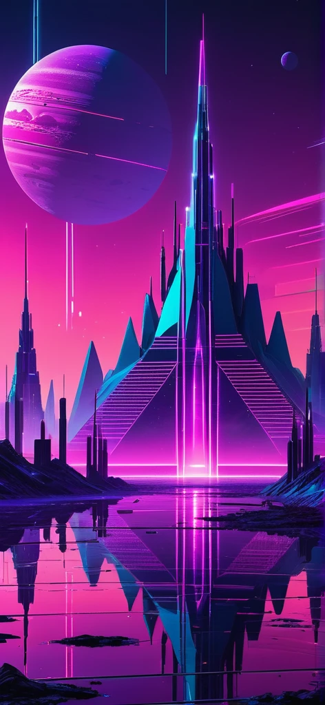 “Create a futuristic, neon-lit landscape with geometric structures and a reflective surface. Include towering spires and pyramids against a vibrant, colorful sky featuring a planet. The scene should have a cyberpunk aesthetic with purple and pink hues, and intricate, glowing patterns.”