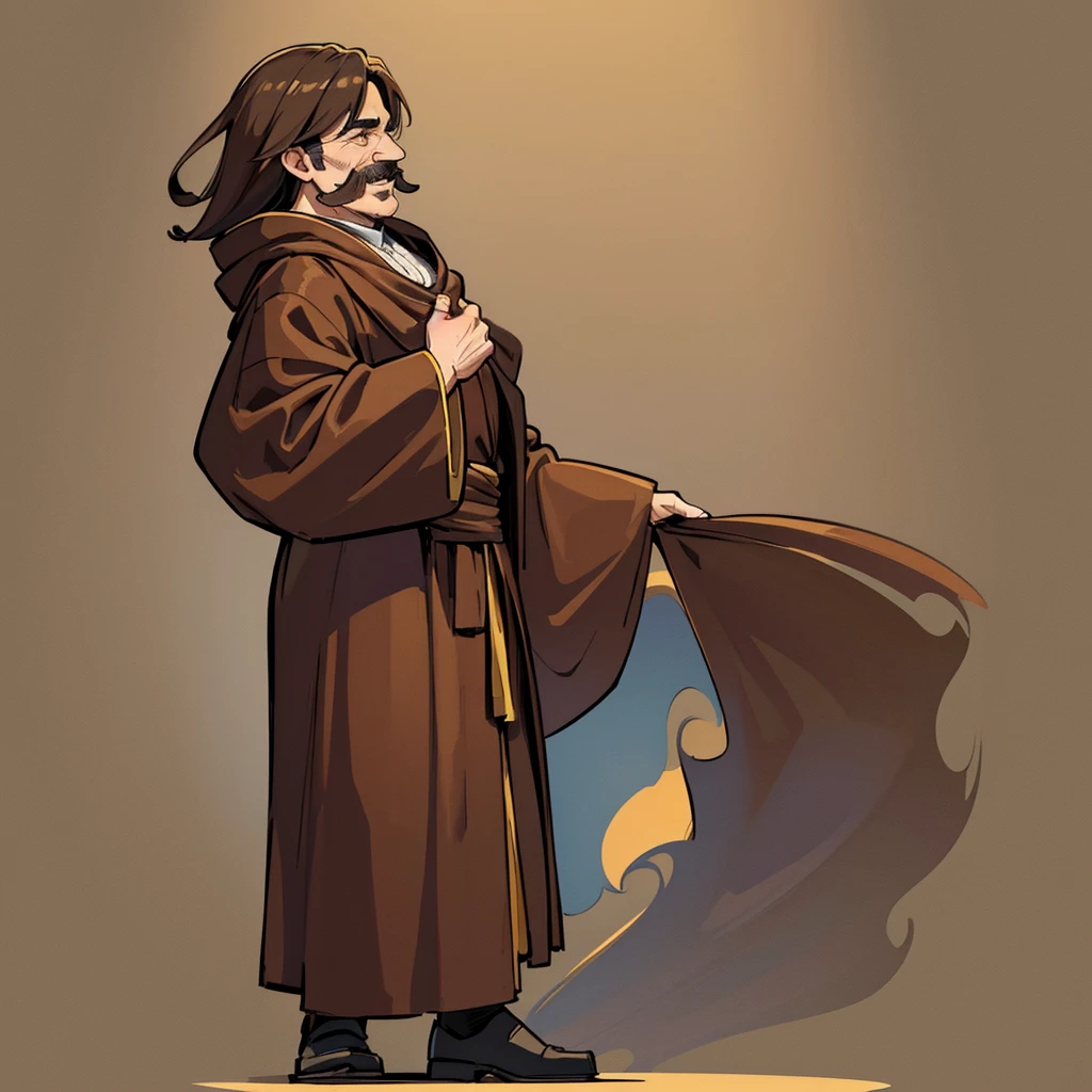 ((((Solo))))、(Full body character concept)、Highest quality, Best Quality,Best illustrations、middle ages、(((Simple brown robe)))、(50 year old man、mature、Kaiser moustache)、(Open your mouth、smile)、(profile、From the side)