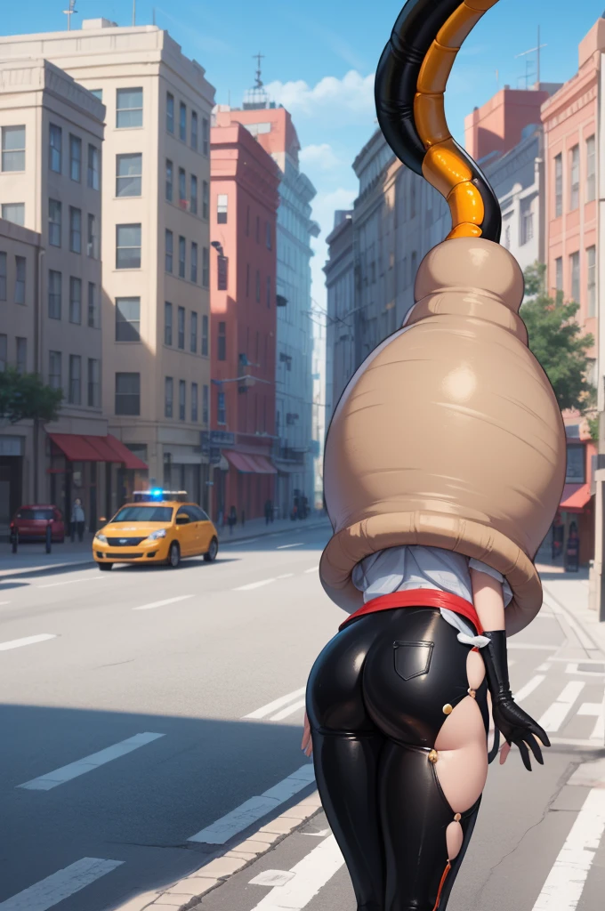 1girl, natural lighting, masterpiece, highly detailed, realistic, 8k resolution, high quality, aichan, city, narrow waist, (cell vore), (tail vore:1.3), struggling, ass view, police