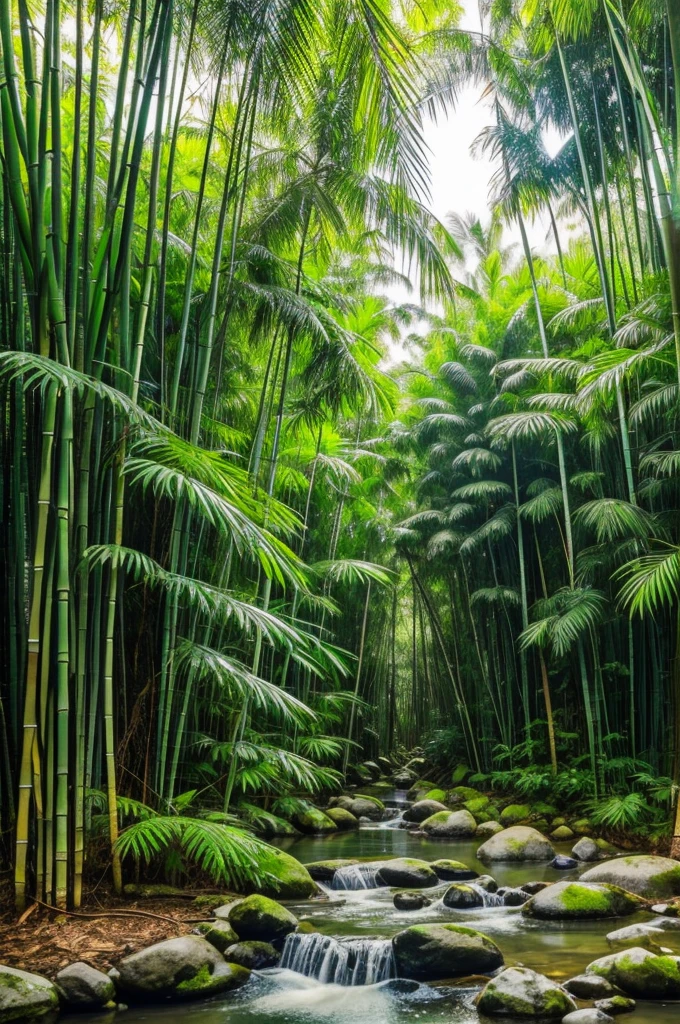 Tropical forest with trees and bamboo and fruits and water around it